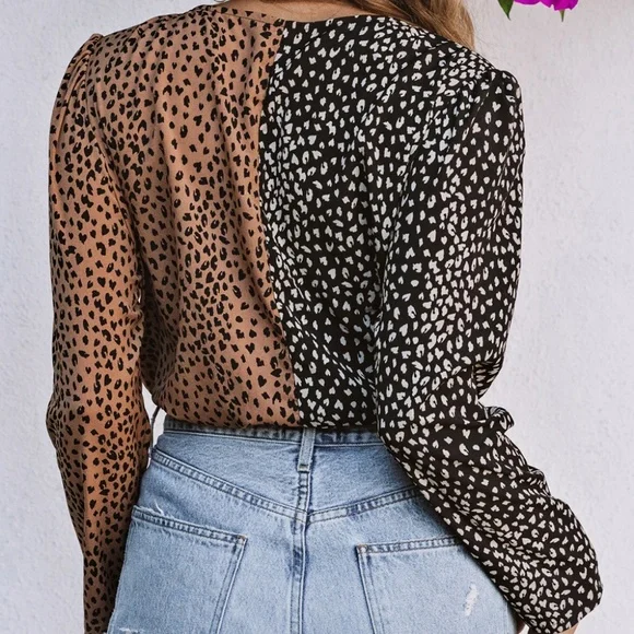 B058 Spliced Leopard Print Wrap Long Sleeve Bodysuit - Picture 4 of 4
